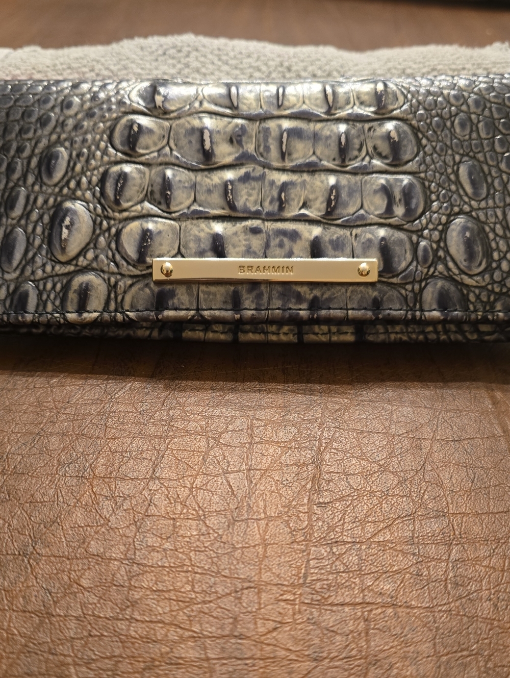 Brahmin Metallic Gray And Blue Croc-Embossed Wallet with Gold Plate
